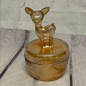 Vintage Jeannette Glass Deer Powder Jar In Marigold Finish